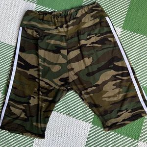 Always brand camo shorts with white stripes on side.